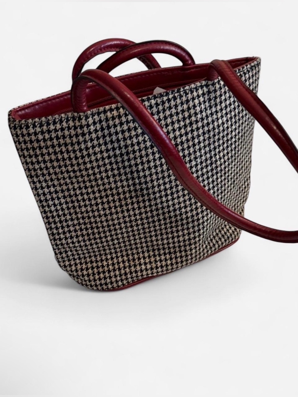 Bueno Black-and-White Houndstooth Tote with Burgundy Trim